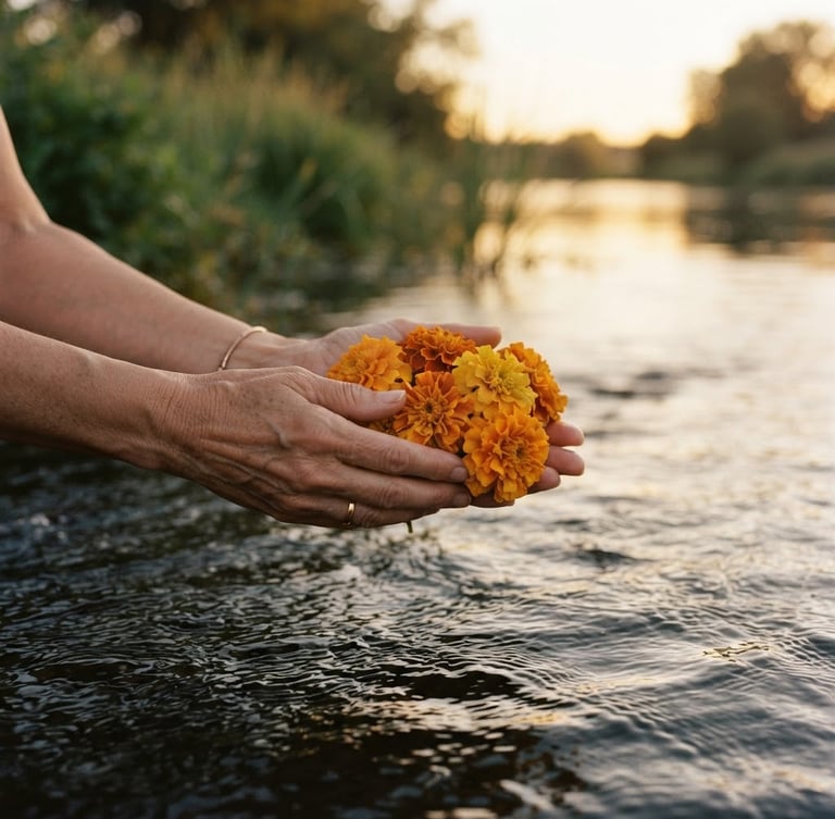 Dignified hands gently holding orange marigold flowers over quiet, flowing river water, soft golden hour sunlight, serene editorial photography