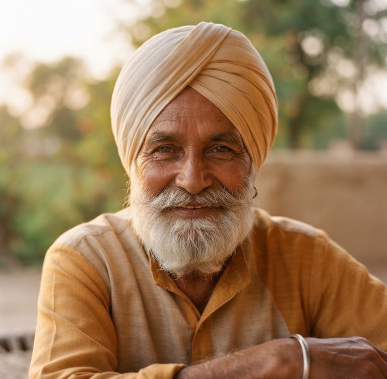 A warm, respectful close-up portrait of an elderly Indian man smiling serenely with soft golden hour light, shallow depth of field, peaceful transition feel.