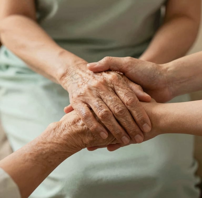 Hands of a younger caregiver gently holding the wrinkled hands of an elderly person, soft warm lighting, serene and comforting environment.