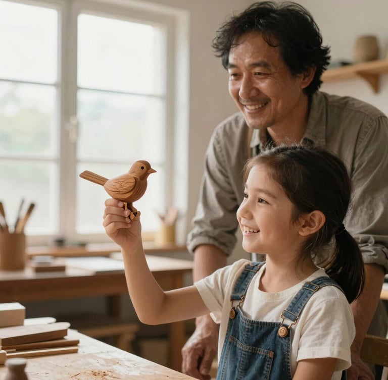 A young girl smiling as she holds up a small hand-carved wooden bird, standing next to her mentor in a bright, warm workshop