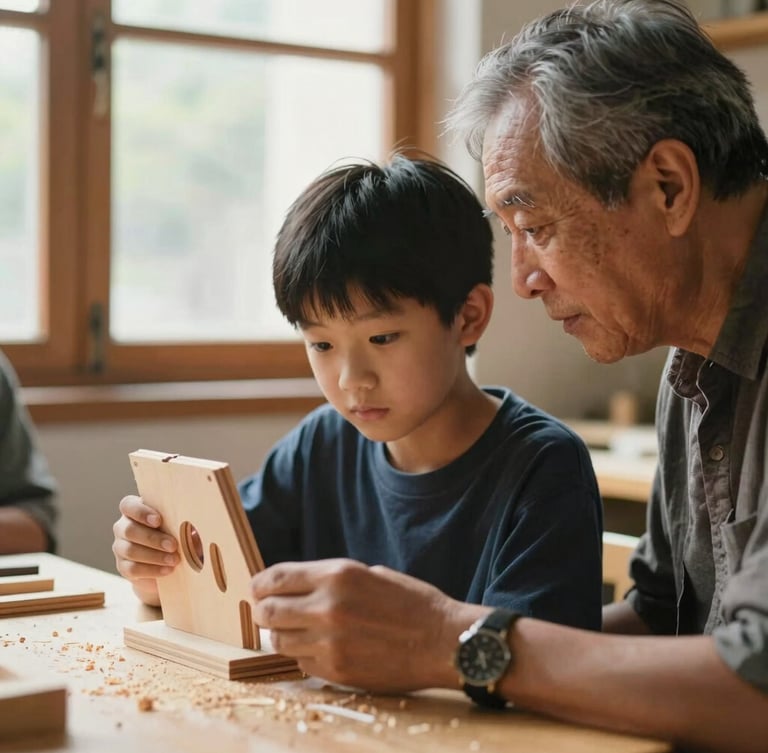 Candid medium-close shot of a young student and an older mentor looking at a wooden prototype together under warm natural window light, sawdust on table, shallow depth of field.