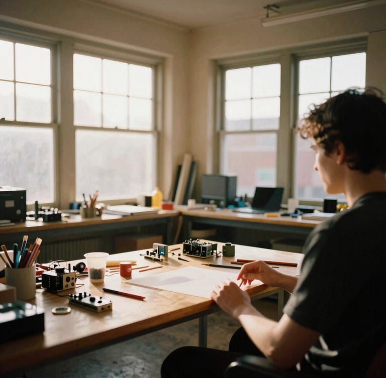 Candid over-the-shoulder shot of a bright, open studio room, large windows with golden-hour light streaming across wooden workbenches scattered with art supplies and electronics, 35mm.