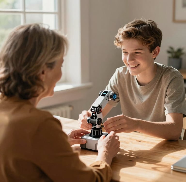 Candid over-the-shoulder shot of an older woman and a teenage boy laughing while adjusting a small robotic arm on a bright wooden table, natural sunlight.