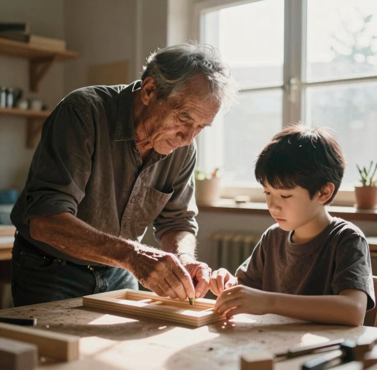 A warm editorial photo of a sunlit workshop, hands of an older mentor and a young student assembling a wooden structure together on a work table, natural window light, 35mm.