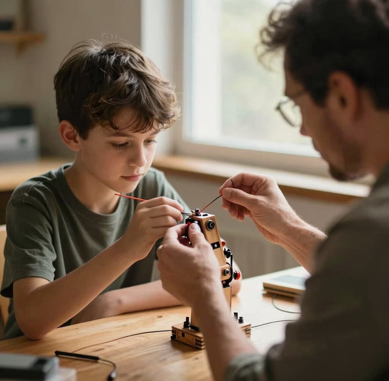 Over-the-shoulder view of a mentor guiding a teenager as they wire a small wooden robotic arm, warm window light, candid, 35mm
