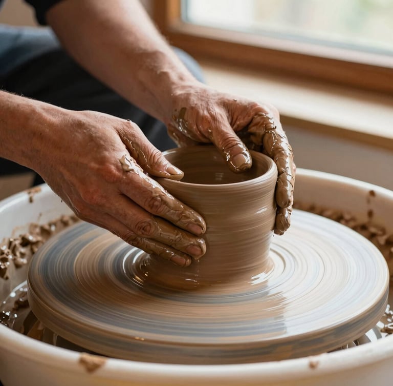 Candid close-up of hands covered in clay shaping a ceramic pot on a pottery wheel, warm natural window light, rich terracotta tones, shallow depth of field.