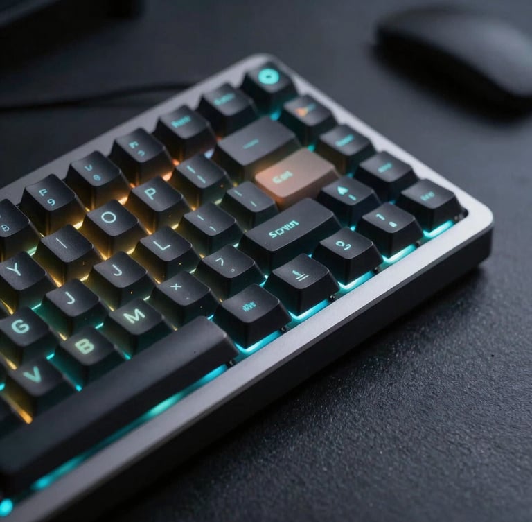 Macro close-up of a high-end mechanical keyboard on a dark slate desk, illuminated by sharp cyan and amber terminal glow, sleek tech photography.