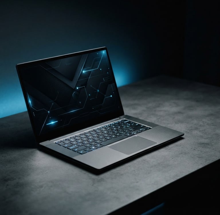 Minimalist technology photography, a sleek modern laptop displaying a dark high-end user interface, sharp studio lighting with subtle electric blue ambient glow, 35mm, off-center composition with generous negative space