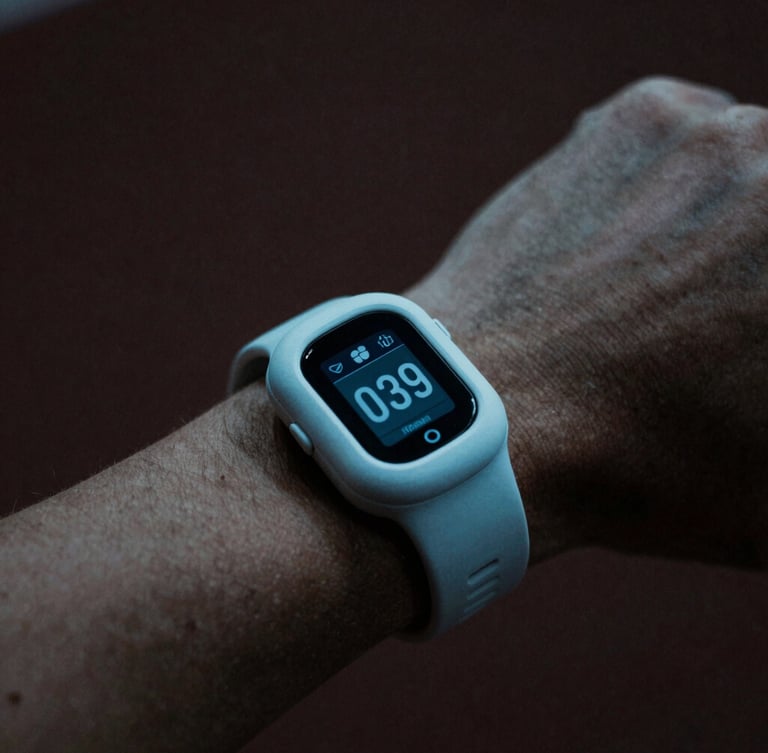 Macro close-up of a premium wearable telemetry device on an athlete's wrist, cool-toned surgical blue light, dark charcoal background, moody shadows, 35mm film.