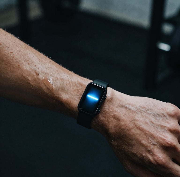 Moody close-up of a male athlete's wrist wearing a sleek black wearable tracker, cool blue light reflecting off wet skin, dark gym background, 35mm film