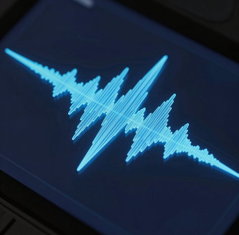 Macro close-up of a digital audio waveform on a premium dark screen, neon blue light trails, high-contrast shadows, technical render