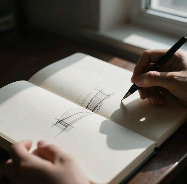 Close-up of a minimalist notebook with architectural sketches, hands holding a pen, dramatic natural window light, deep shadows, clean lines, muted tones, 35mm film grain, tight crop
