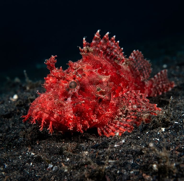Sharp macro underwater photography of a bright red Rhinopias eschmeyeri perched on dark volcanic muck, high-contrast strobe lighting, deep oceanic blues, ultra-detailed, 35mm