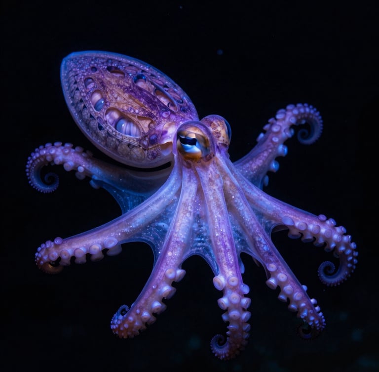 Sharp macro underwater photography of a glowing purple larval octopus, translucent body showing detailed internal organs, suspended in pitch-black water, high-contrast strobe lighting, 35mm