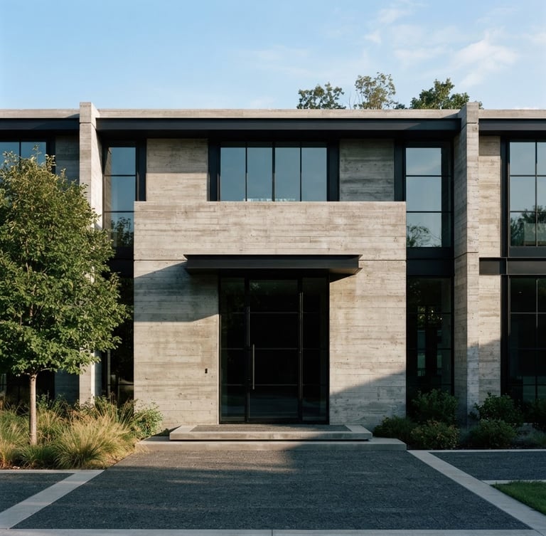 Straight-on architectural elevation of a modern custom home, cast concrete and black steel joints, crisp morning sun, sharp shadows, minimalist, 35mm