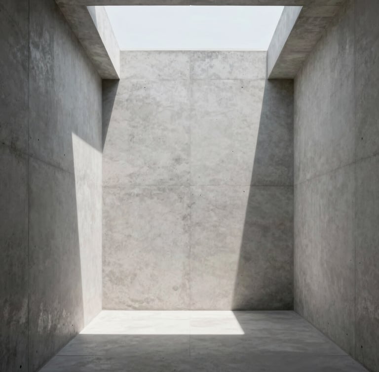 Minimalist interior with raw concrete walls, flooded with clean morning light from a skylight, sharp architectural shadows, 35mm