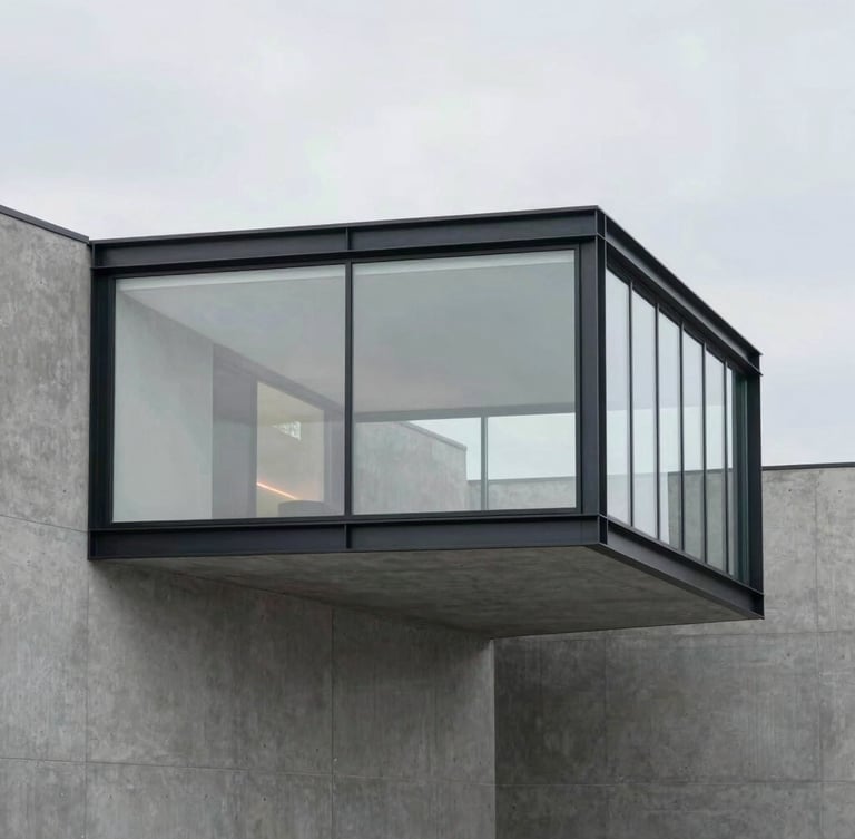 Modern glass and steel extension integrated into a minimalist concrete structure, overcast daylight, sharp focus, architectural photography, 35mm