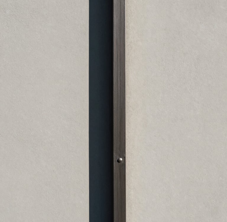 Architectural portrait close-up of a flush wood-to-steel joint under crisp morning sun, sharp shadows, minimalist, 35mm
