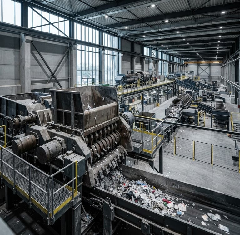 Wide-angle shot of a modern waste management facility, large industrial shredder in foreground, sleek, dark grey and metallic equipment, cool ambient daylight, high contrast, professional editorial style.