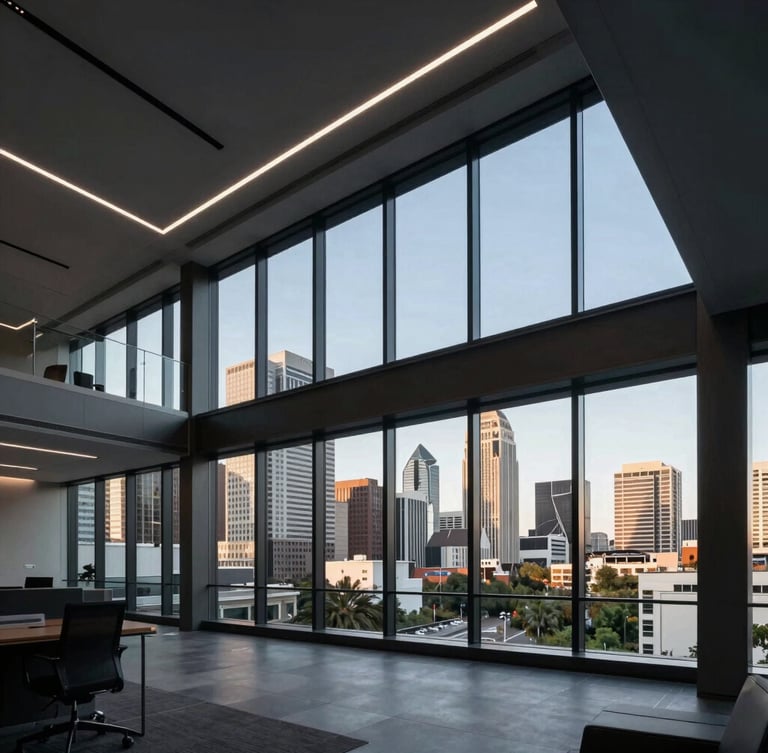 Sleek, modern office interior with high ceilings and large windows overlooking the Austin city skyline, cool ambient daylight, sharp architectural photography.