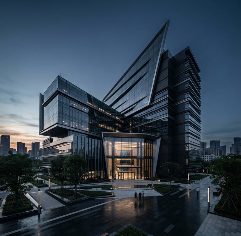 Wide-angle architectural perspective of a modern, sleek corporate facility at dawn, high contrast, cool ambient daylight with metallic accents, deep charcoal tones, professional editorial style.