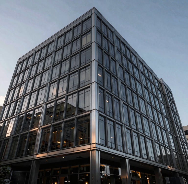 Wide-angle architectural perspective of a modern glass and steel office building in Austin, cool ambient daylight reflecting off metallic accents, deep charcoal tones, high contrast, professional editorial style.