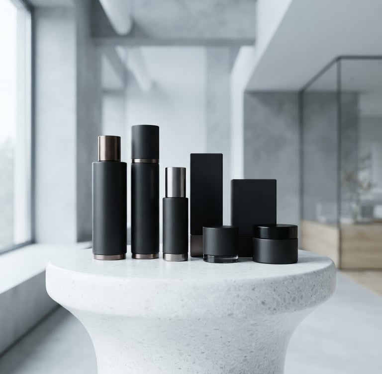 Wide shot of sleek, minimalist high-end consumer product packaging (e.g., matte black bottles, metallic accents) arranged on a clean white pedestal in a studio, cool ambient daylight, sharp focus, editorial style.
