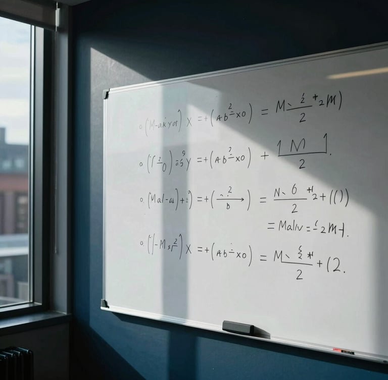 Moody editorial photography of a high-contrast Manchester office interior, sharp focus on a physical whiteboard covered in mathematical media-buying equations, directional window light, deep navy tones, 35mm.