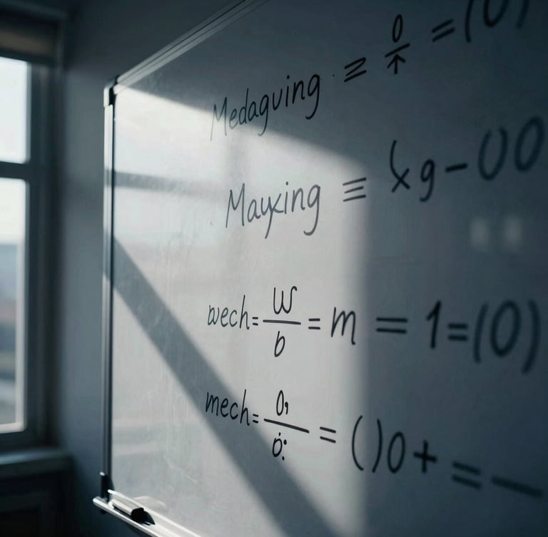 Tight macro shot of a physical whiteboard with handwritten mathematical media buying equations, high-contrast directional window light, deep navy tones, sharp focus.