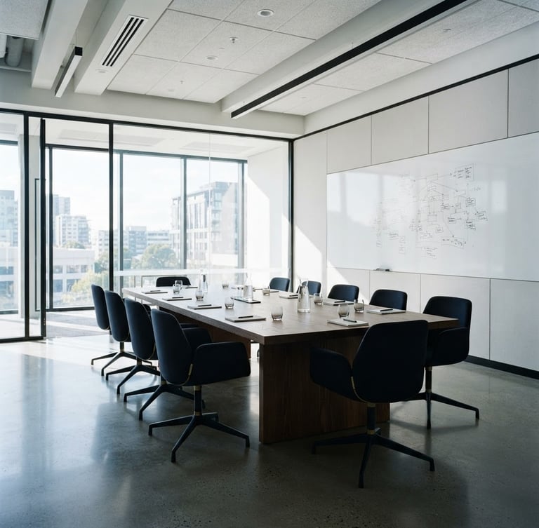 Wide-angle view of a modern, minimalist boardroom with sharp architectural lines, high-contrast daylight, and cool morning tones. A structured diagram is faintly visible on a whiteboard in the background.