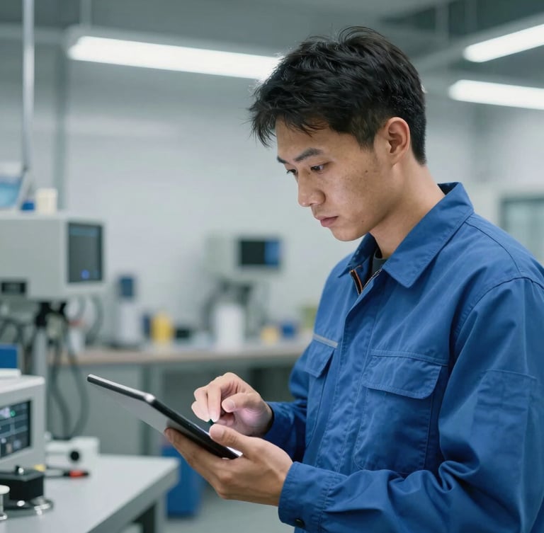 Crisp 35mm portrait shot of a professional technician in a clean uniform analyzing diagnostic data on a tablet, bright workshop lighting, cool metallic tones