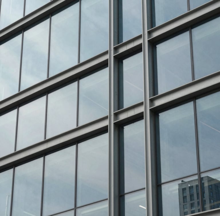 Macro architectural detail of a structured steel and glass facade, clean grid lines, high-contrast cool daylight, sharp focus on structural intersections.
