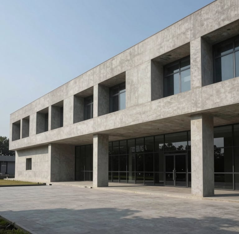 An architectural perspective of a modern research facility in New Delhi, crisp daylight, sharp geometric concrete lines, high contrast shadow.