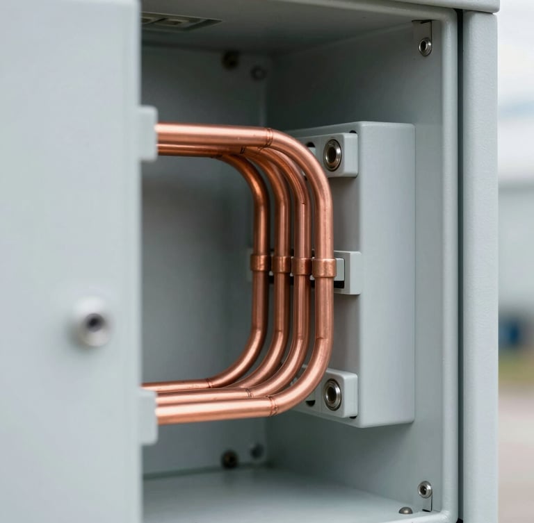 Macro shot of copper busbars and clean wiring inside a medium-voltage substation cabinet, high-key industrial studio lighting, sharp focus, 35mm