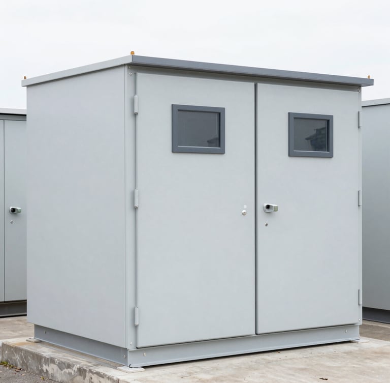 Straight-on technical elevation of a clean, light gray modular substation enclosure in bright overcast daylight, sharp focus, 35mm