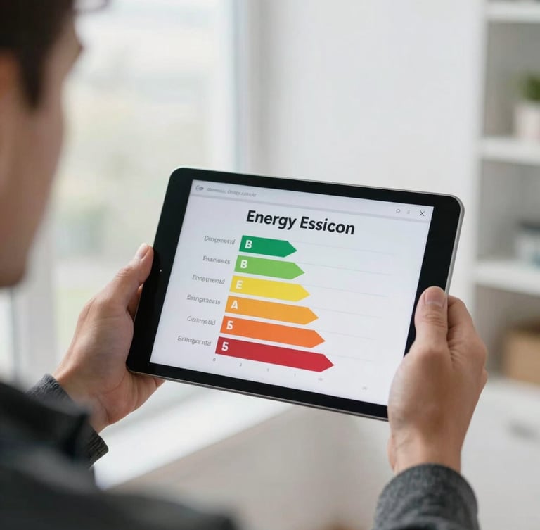 A close-up of a professional domestic energy assessor's hands holding a digital tablet displaying an energy efficiency rating chart, soft overcast daylight, sharp focus, 35mm lens