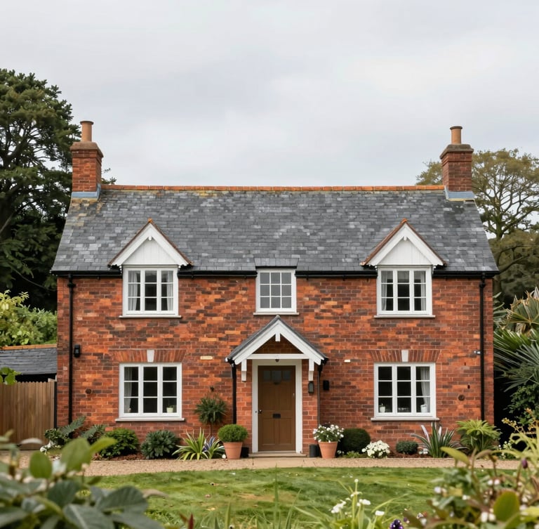 A beautiful brick and slate cottage in East Devon, surrounded by soft green foliage, bright overcast daylight, clean architectural photography, 35mm lens