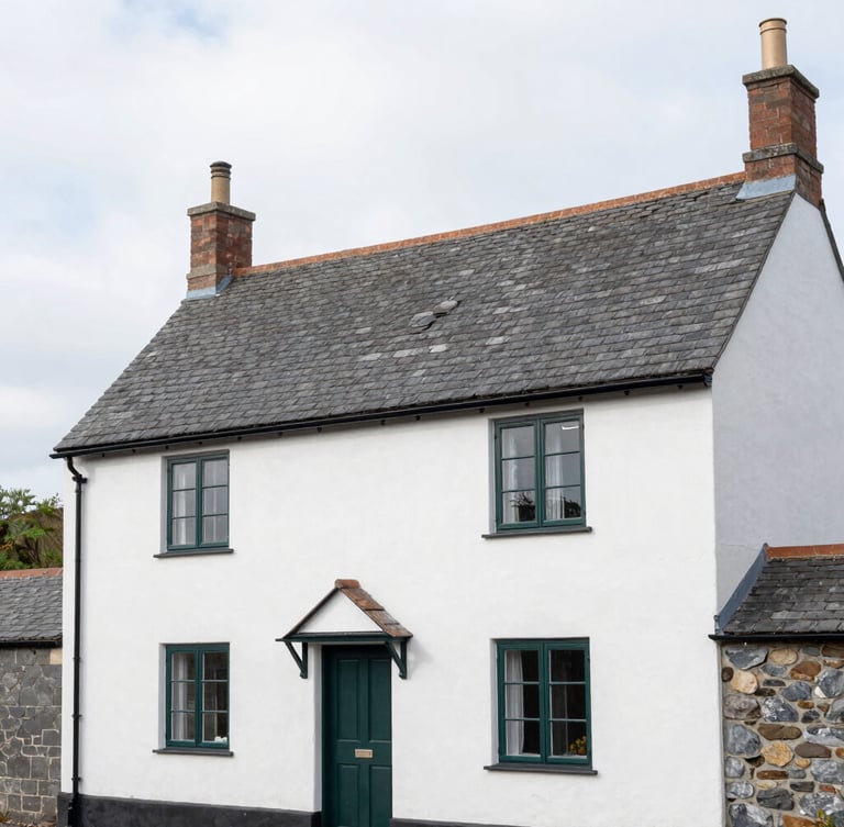 Medium shot of a traditional Devon slate-roof cottage exterior in bright overcast daylight, clean architectural photography, 35mm lens.
