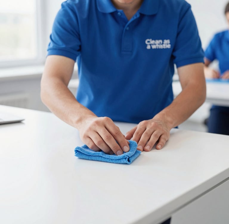 Portrait-oriented, crisp commercial photograph of a uniformed Clean as a Whistle team member meticulously polishing a modern office surface, hands in focus, bright natural daylight, sterile white and deep blue tones