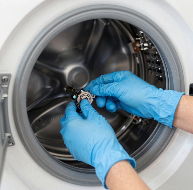 Close-up of a technician's hands wearing clean blue gloves, precisely replacing a mechanical component inside a washing machine, bright natural light
