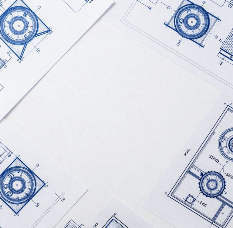 Clean top-down flatlay of printed editorial layouts and technical blueprint schematics, cool studio lighting, sharp blue accents, 50mm lens