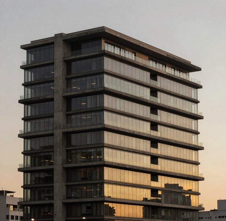 Architectural close-up of a luxury concrete and glass penthouse facade in Sao Paulo, golden hour twilight, desaturated graphite and warm gold tones, medium format lens, minimalist composition