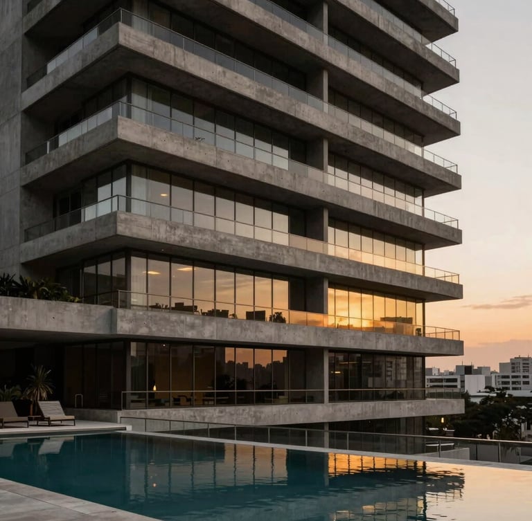 Architectural close-up of a luxury concrete and glass penthouse facade in São Paulo at sunset, warm twilight lighting reflecting on minimalist pool, desaturated graphite tones.