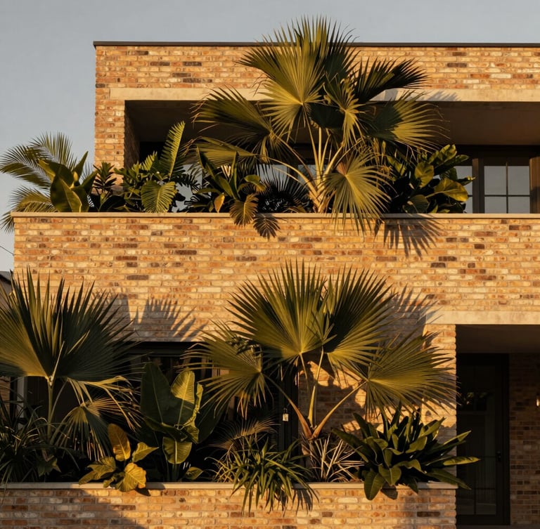 Architectural close-up of a premium residential facade in Jardins, featuring warm exposed brick integrated with dense tropical vegetation, soft golden hour sunlight filtering through leaves, medium format lens.