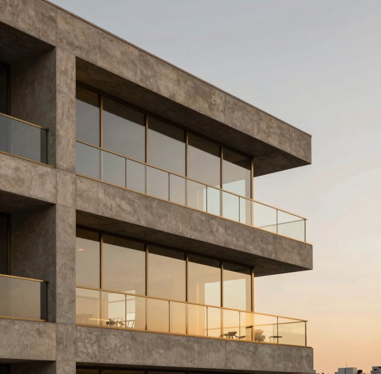 Architectural close-up of a modern luxury penthouse in São Paulo at golden hour, clean concrete lines, warm brass accents, expansive glass reflecting a soft twilight sky