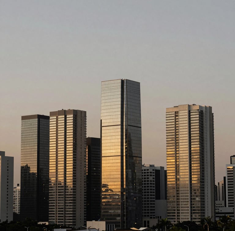 Wide-angle architectural shot of the modern Itaim Bibi skyline in São Paulo at twilight, towering glass and brushed steel skyscrapers reflecting golden hour light, clean composition, high-end editorial photography
