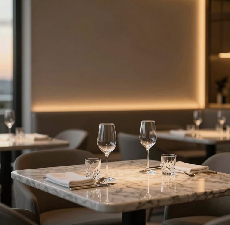 Close-up of a minimalist luxury restaurant interior in Itaim Bibi, warm ambient light catching premium marble surfaces and crystal glassware, soft focus background