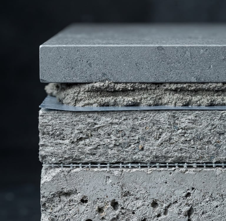 Extreme macro cross-section of an engineered ceramic tiling system, showing technical layers of substrate adhesive, waterproofing membrane, and thick slate-gray porcelain tile under sharp architectural lighting.