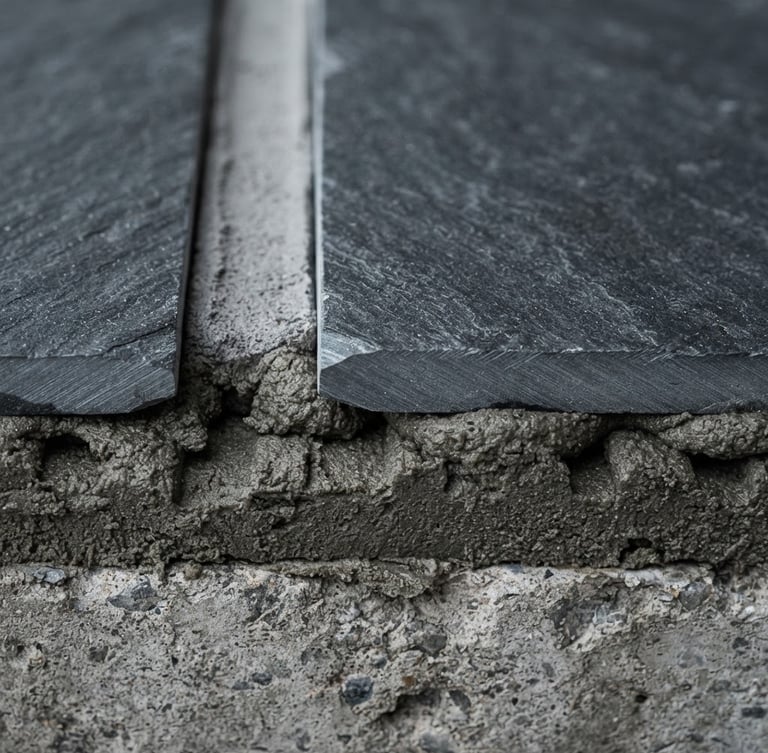 Extreme macro technical detail of layered ceramic tile installation, showing concrete substrate, adhesive mortar, and high-performance slate tile, crisp architectural daylight, cool gray tones, high contrast, 35mm lens