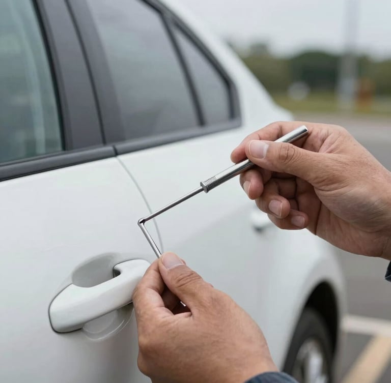 Close-up of a locksmith's hands using a precision Lishi pick to safely unlock a car door, natural overcast daylight.